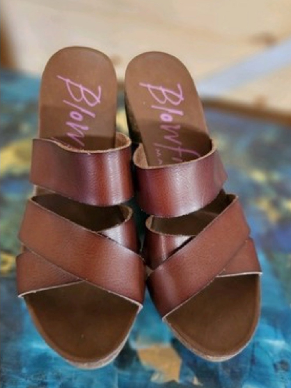 Blowfish Brown Crisscross Leather wedge sandals